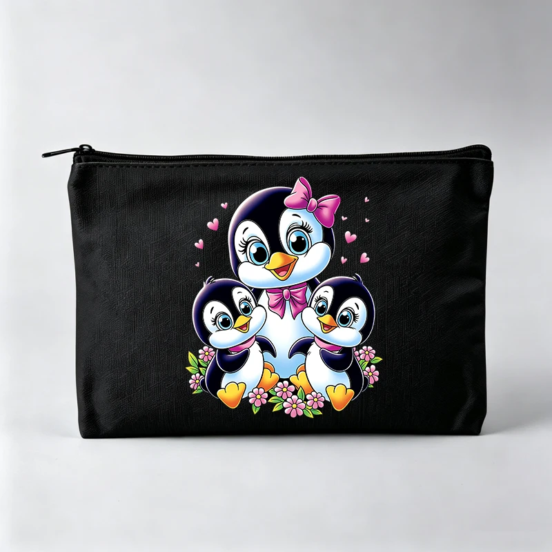 Women's Penguin Family Graphic Makeup Bag, Cute Animal Print Cosmetic Pouch for Daily Use