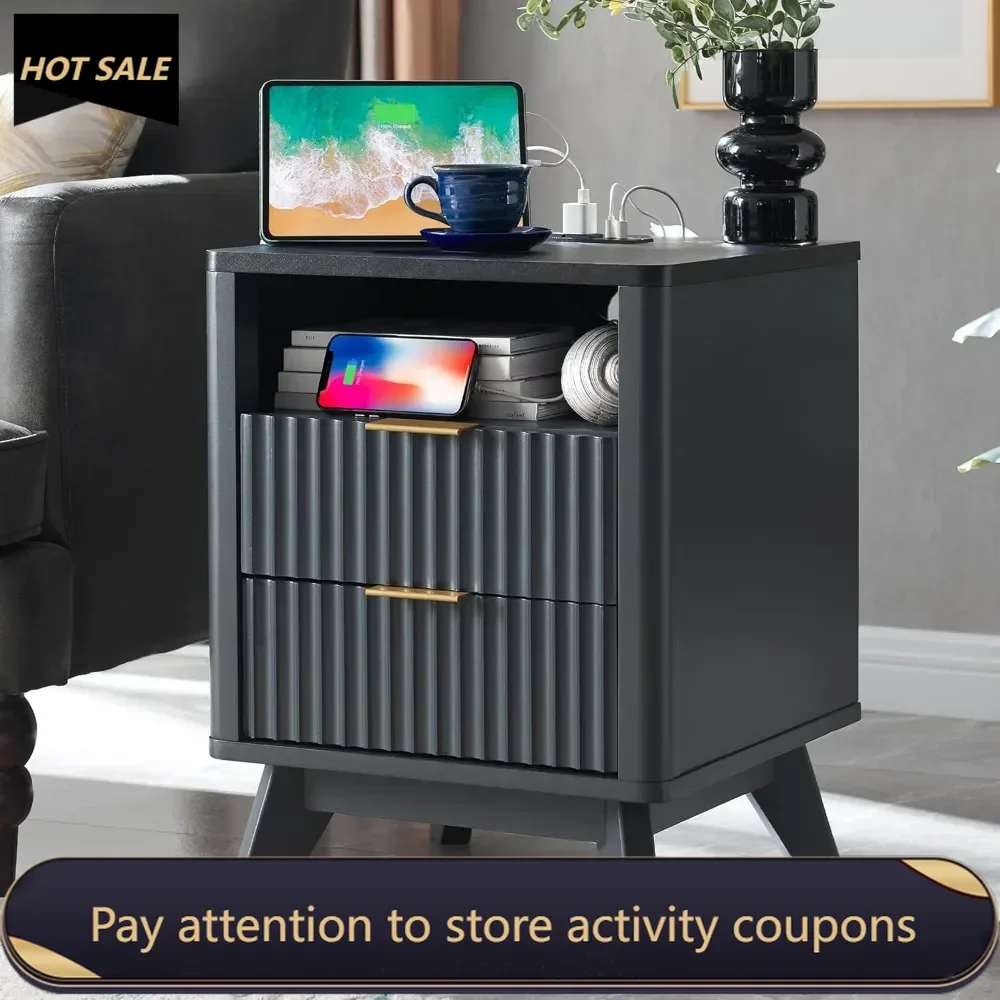 

Fluted Nightstand with Charging Station, 2 Drawers End Table w/Storage, Bedside Table for Bedroom, Living Room, Dark Grey