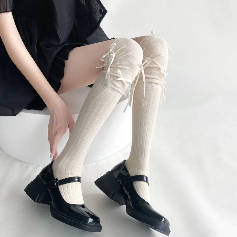 

2025 New Kawaii Ballet Style Lolita Long Socks Transparent Bandage Bowknot JK Stockings Thin Style Knee High Socks Women Girls