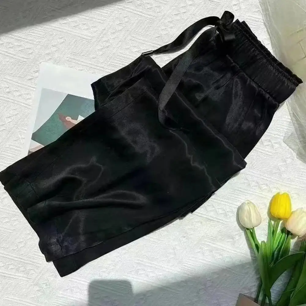 Calças femininas de perna larga, calça casual, elástico na cintura, cordão, seda gelada, streetwear