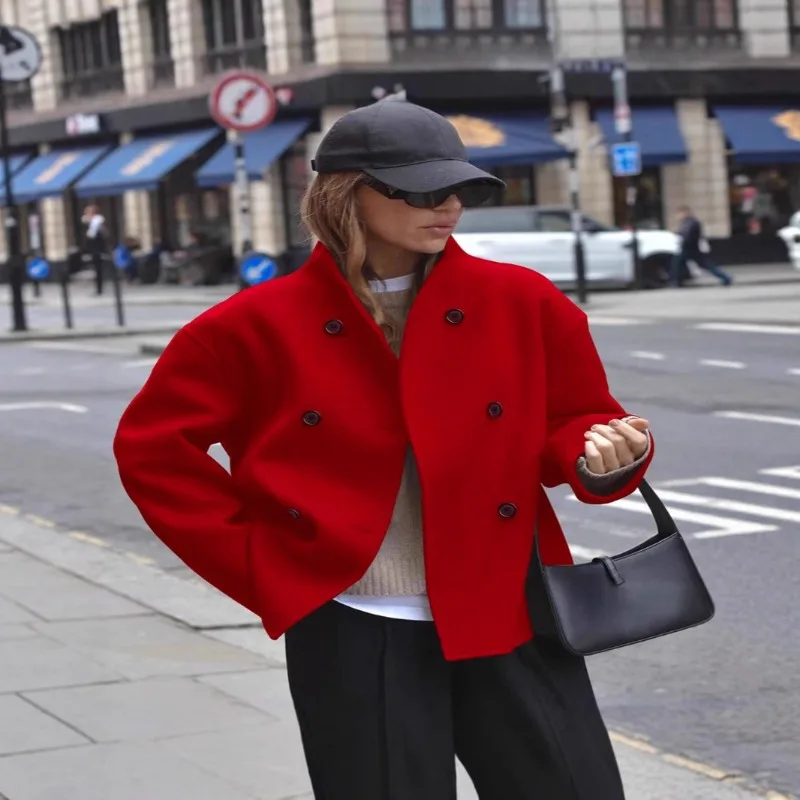 European Size Spot Women's Double Breasted Solid Color Woolen Coat Casual Temperament British Style Versatile Top Women