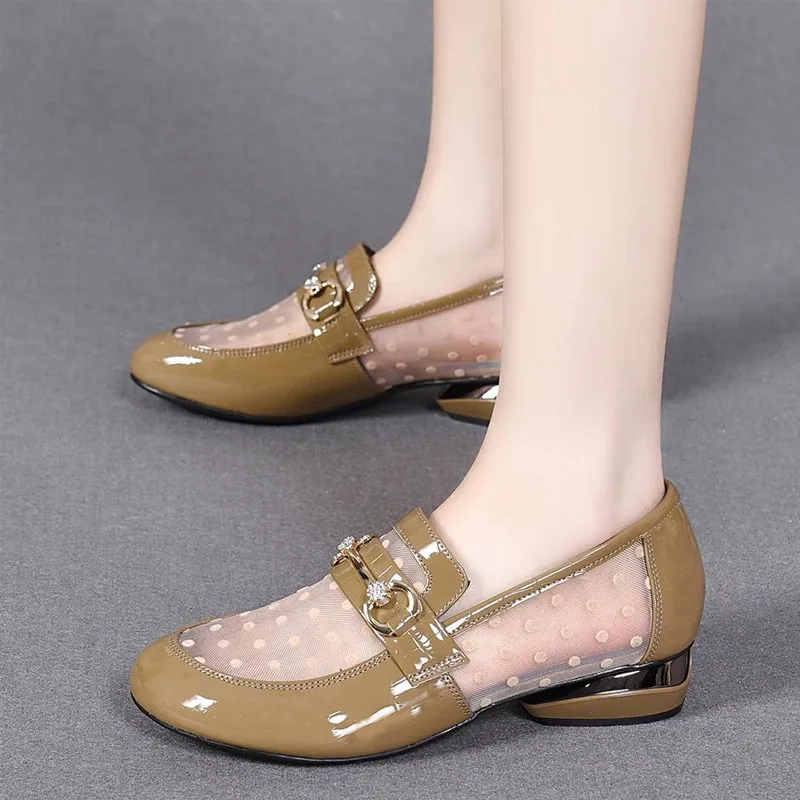 Retro Horsebit Low-heeled Womens Shoes Patent Leather Mesh Pacthwork Soft Sole Ladies Office Shoes Summer Loafers Pumps