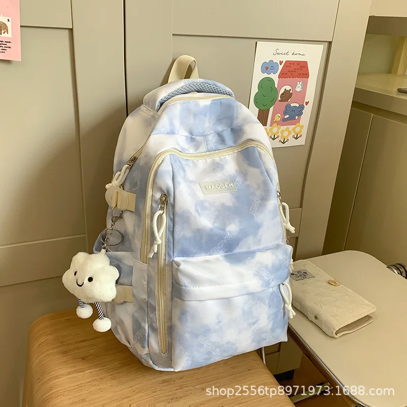 Girls Sky Cloud Tie Dye Backpack Cute Cloud Plush Pendant Large Capacity Multi Pocket Student School Laptop Travel Rucksack