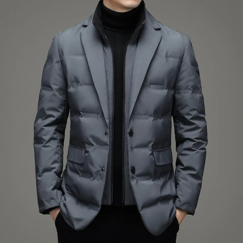 2025 Winter Men Down Jacket Simple Turn Down Collar Zipper Male Fake Two-piece Coat Long Sleeve Business Casual Man Outerwear