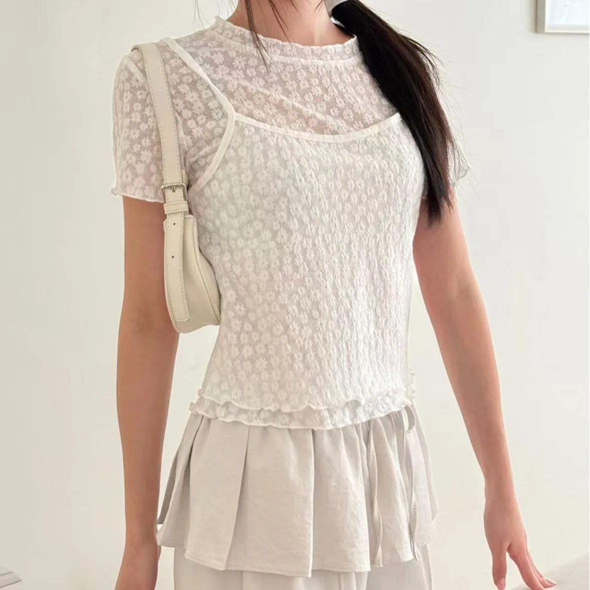 

2026 Summer New Korean Style Chic Floral See-through Strap Vest round Neck Short Sleeve Women's Top Fashion Versatile Floral ...
