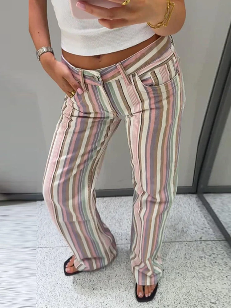Multicolor Striped Jeans Women High Waist Straight Button Fly Pockets Denim Pants 2026 Autumn Lady Boho Beach Holiday Bottoms
