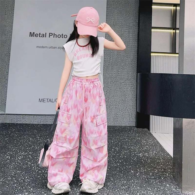 2026 Summer autumn Teens Tracksuit Girls Cloth Letters T-Shirt Crop Top + Heart Long Wide Leg Pant Kid 4 5 6 7 8 10 12 14 Year