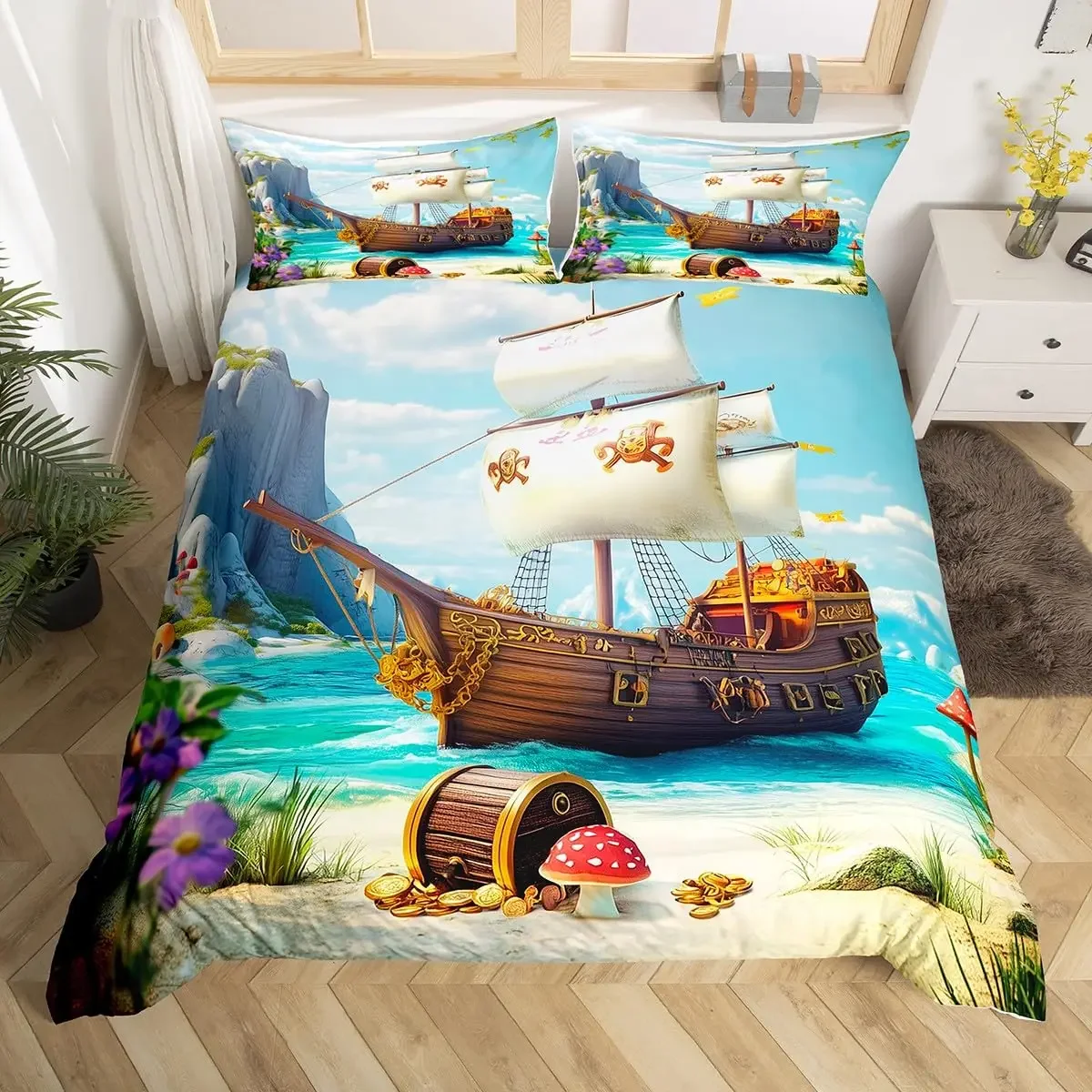 

Pirates Skull Duvet Cover Sets for Boys Kids Men Teen Queen Lightweight Bedding Sets Nautical Bedding Set Bedroom Decor No Quilt