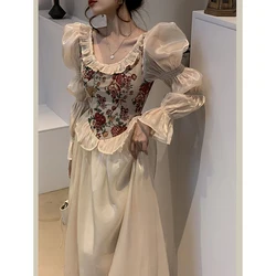 Gidyq Vintage Women Floral Dress Elegant Casual Korean Ball Gown Midi Dress Female Patchwork Puff Sleeve Fairy Dress Spring New