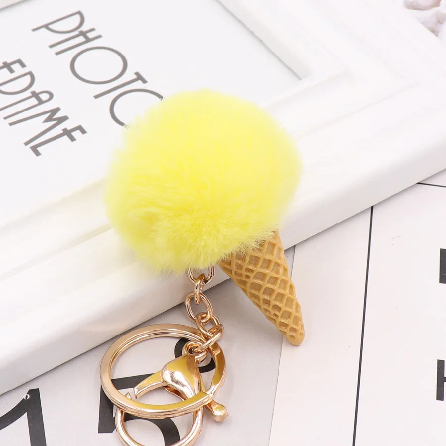 Cute Hair ball ice cream cone Keychain Pendant Women Key Ring Holder Pompoms Key Chains gifts for women bag accessories