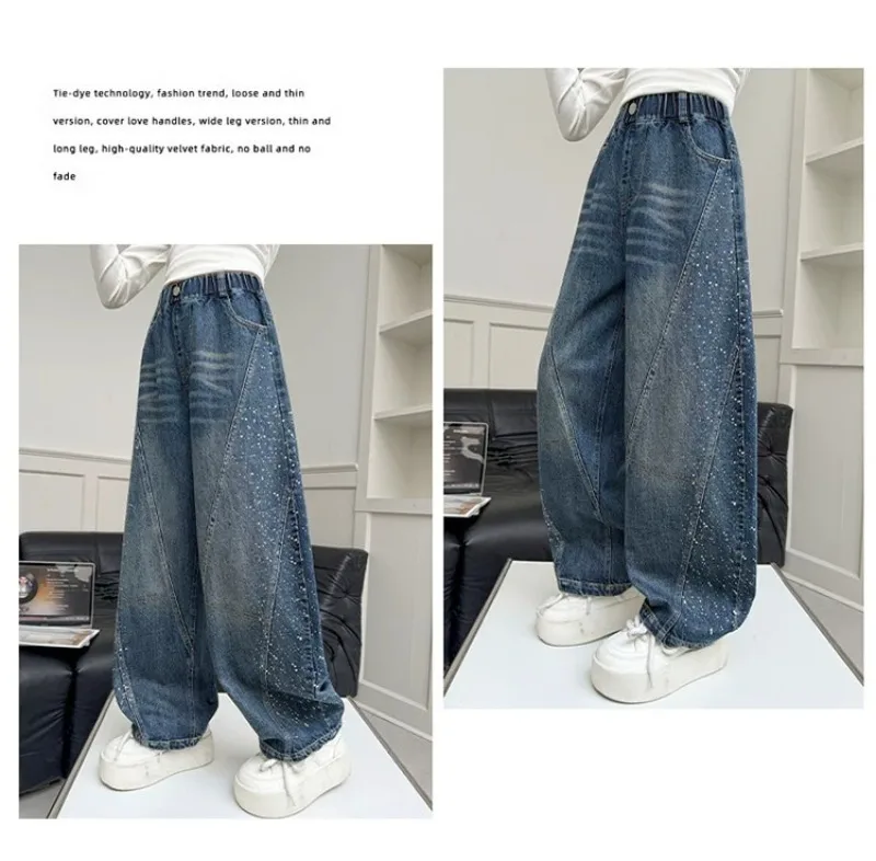Kinder Mädchen Jeans UNITIM Herbst Junge Teenager Mädchen Glänzende Denim-Hosen Lose Elastische Taille Junior 4-14J Mädchen Weite Hosen – Detail 8