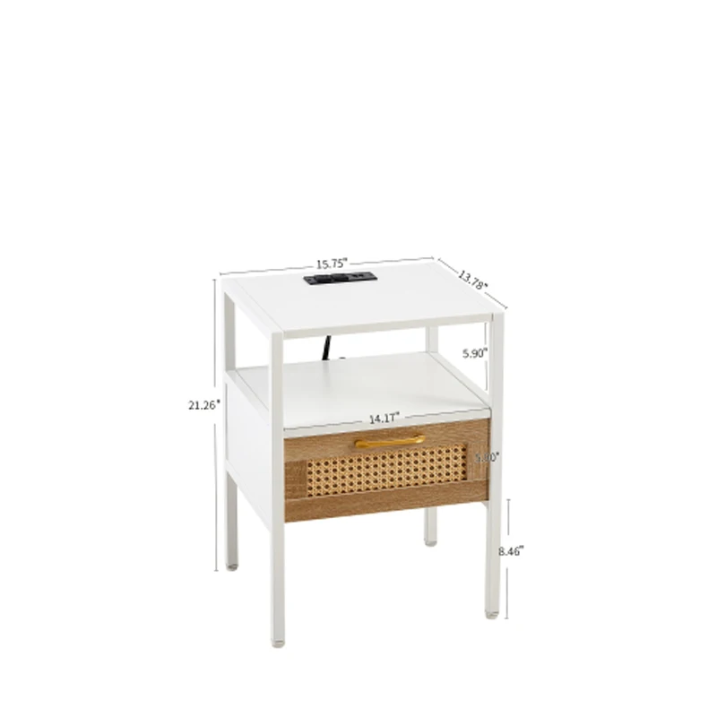 Set di 2, tavolino in rattan da 15,75" con presa di corrente e porte USB, comodino moderno con cassetto e gambe in metallo, tavolino