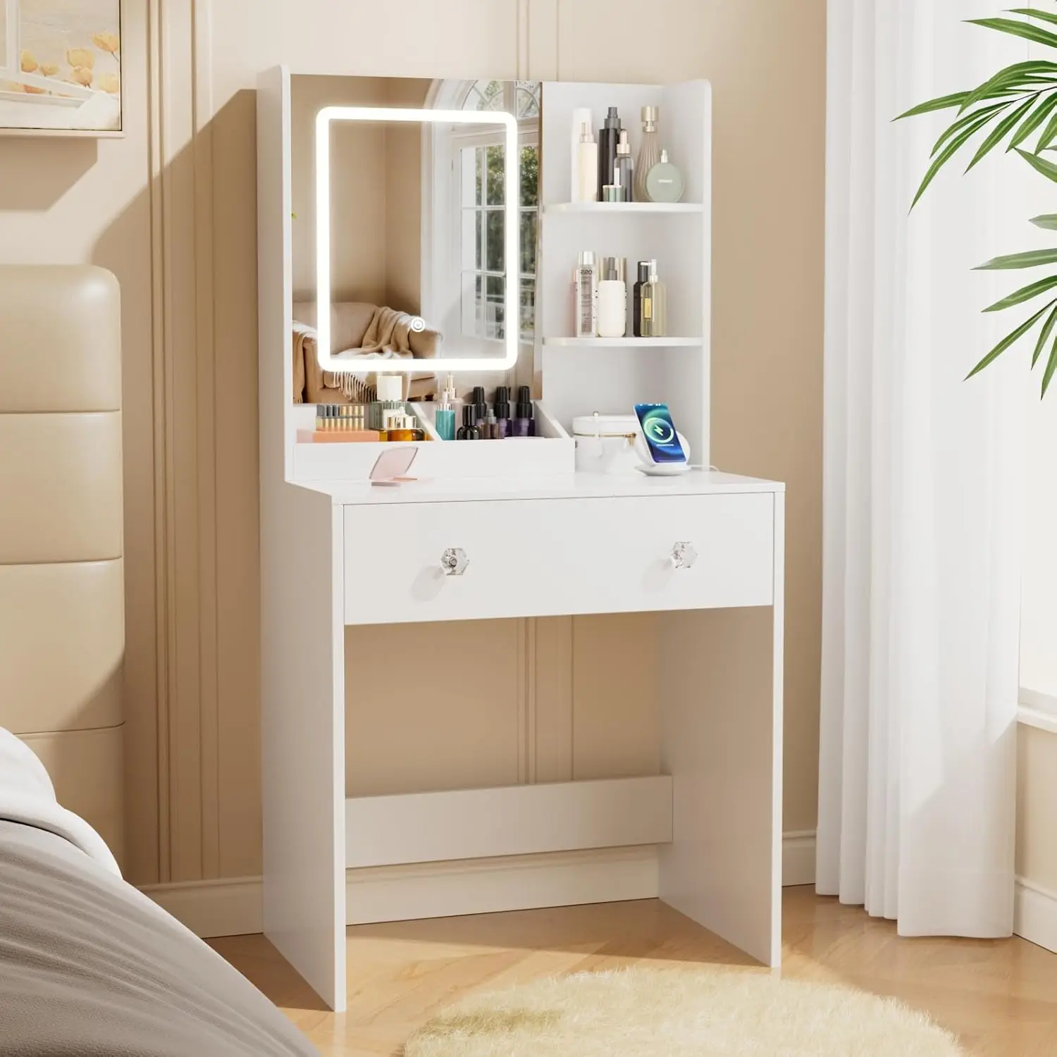 

Vanity Desk with Mirror and LED Lights, Small Makeup Vanity Desk with 2 Drawers, 3 Storage Shelves