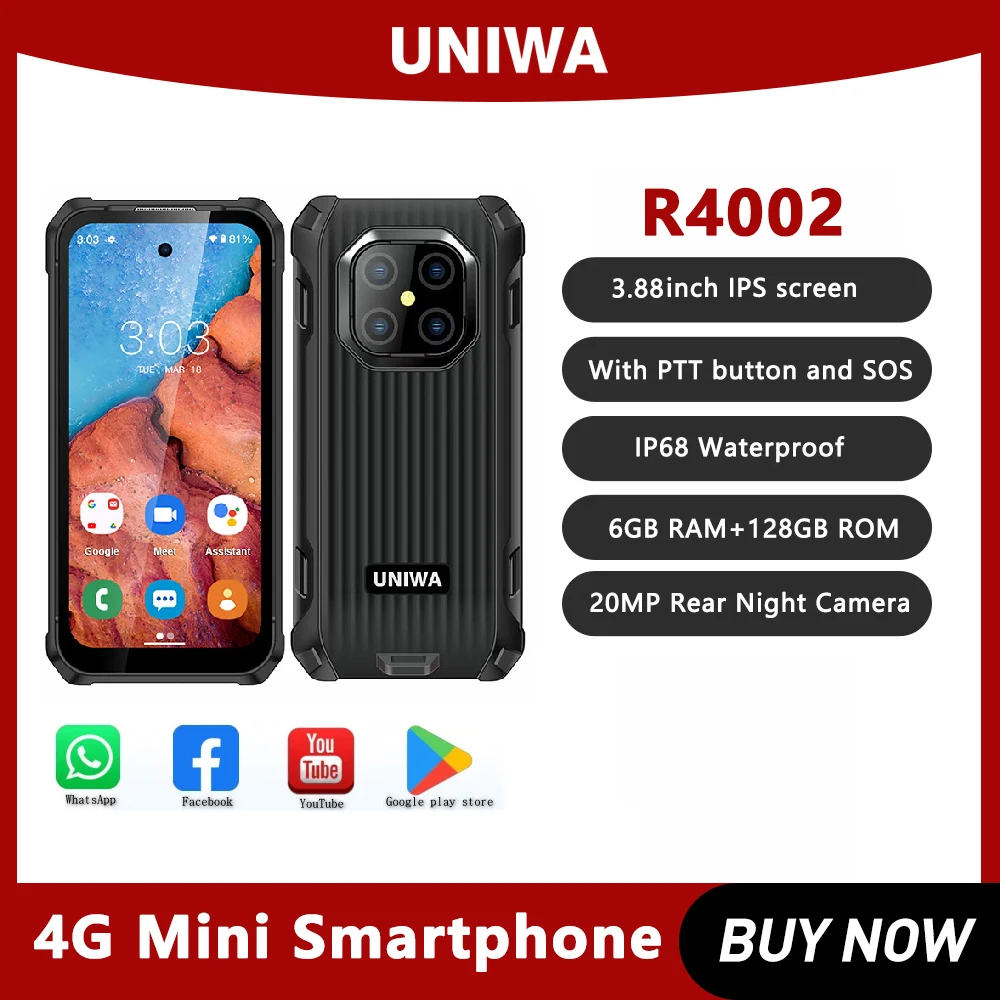 

Прочный смартфон UNIWA R4002, 3,88-дюймовый маленький IPS-экран, IP68, мини-водонепроницаемый Android12, 6 ГБ ОЗУ + 128 ГБ ПЗУ, аккумулятор 3000 мАч