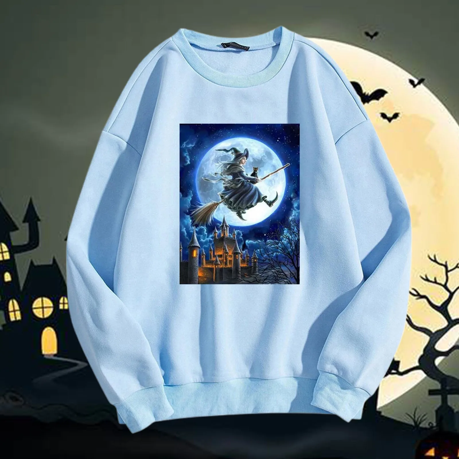 2024 Nowa damska bluza z kapturem na Halloween z nadrukiem czarownicy Okrągły dekolt Długi rękaw Casual Pullover Trend Moda Wygodna ciepła bluza z kapturem