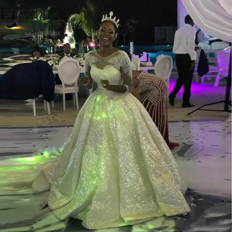 Customized Sequins Sparkly African Wedding Dresses With Half Sleeves A Line Beaded Crystal Civil Bride Gowns