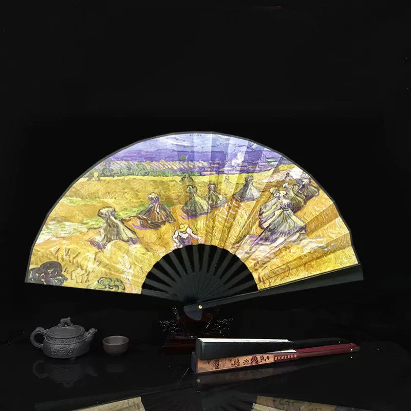 8 Inch Vintage Silk Fan Oil Painting Double Sided Folding Fan Flower Pattern Silk Folding Fan Plastic Folding Fan Home Decor