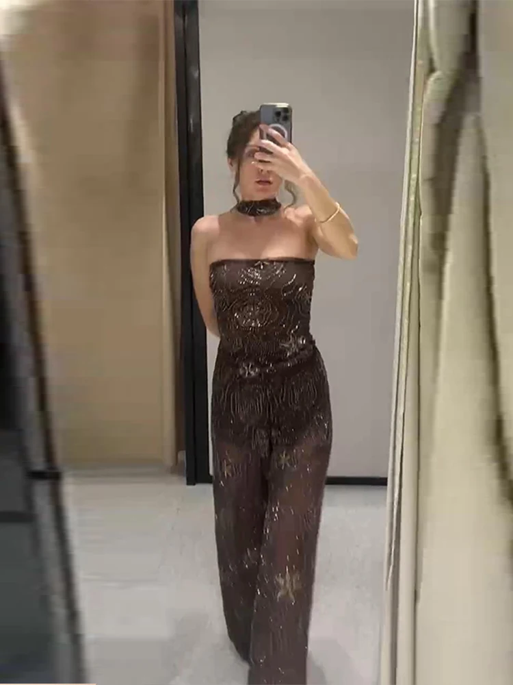 

Fashion Women Embroidery Beads Long Pants Set Chic Sleeveless Vest with Scarf Wide Leg Trousers Suit Summer Beach Outfits Street