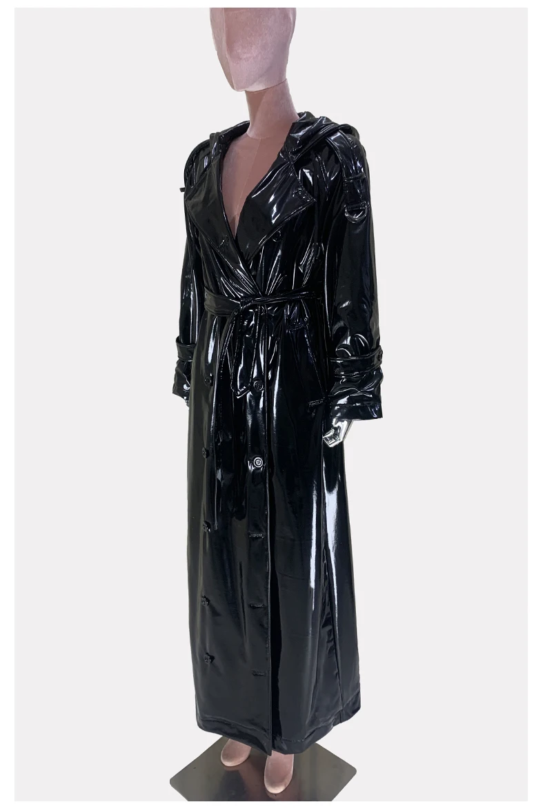 Nerazzurri Autumn Extra Long Shiny Black Soft Patent Pu Leather Trench Coat for Women with Hood Double Breasted European Fashion