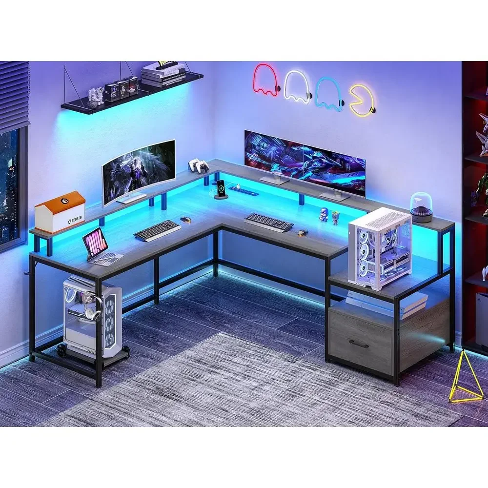66 L-Shaped Home Office Desk with Wooden File Drawer, Power Outlet, LED Lights, Monitor Shelf, Printer Storage, Two-Person Grey