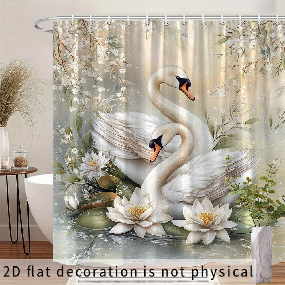 

Romantic Swan and Lotus Flower Shower Curtain Waterproof Polyester Bathroom Decor Natural Spring Style Luxury Shower Liner