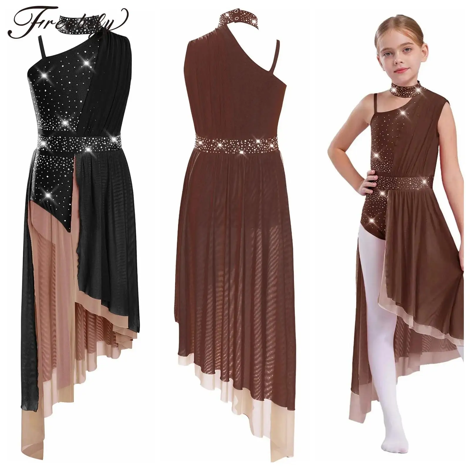 Costume da pattinaggio su ghiaccio moderno lirico per bambini Costume da balletto con strass Body da ginnastica per ragazze Abito da pattinaggio di figura