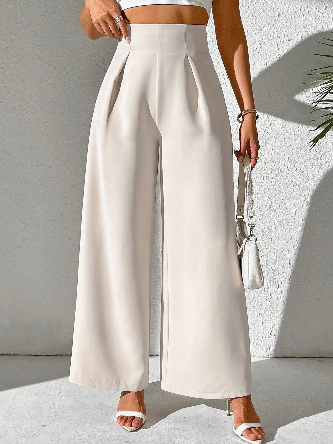 Autumn Women High Waist Front Pleat Wide Leg Trousers Loose Casual Solid Color Floor Length Palazzo Pants