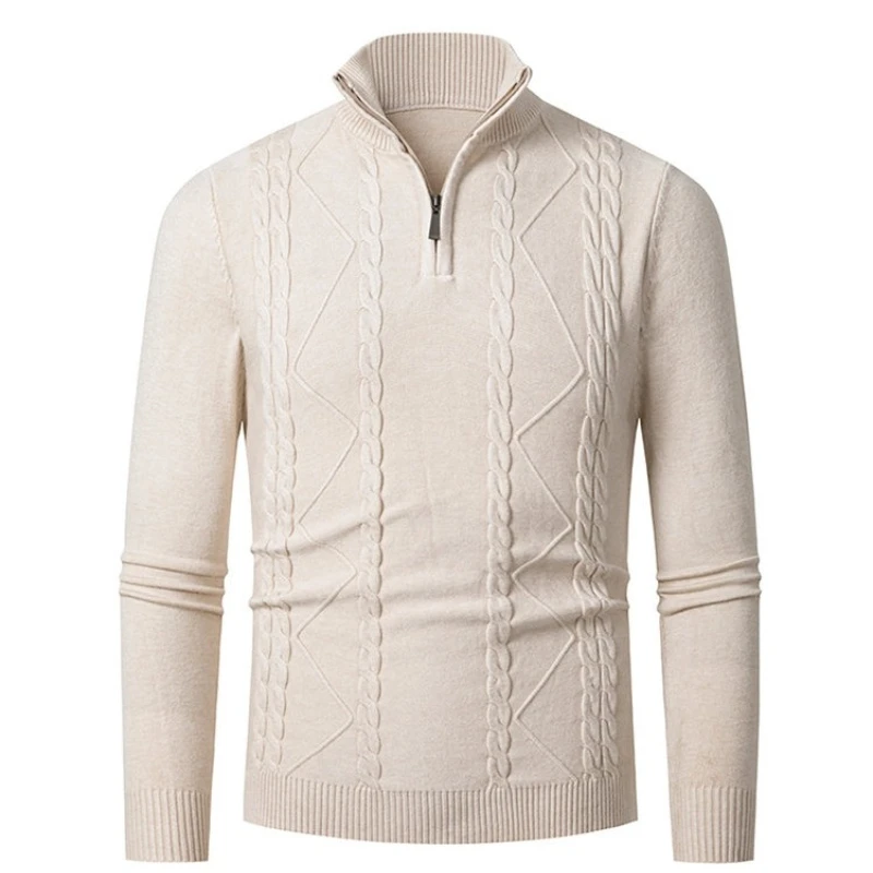 

Men's Sweater Solid Color Stand Up Collar Long Sleeved Knitted Men's Pullover Zipper Design Winter Fashion New Men Warm Sweater