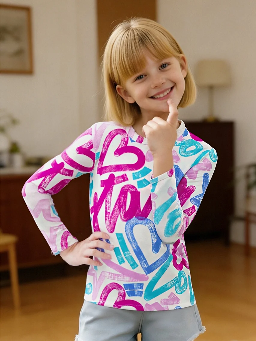 

2026 new girls' long-sleeved top, love graffiti full of long sleeves