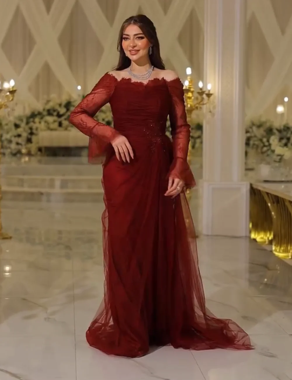 

Customized Fashion Net Sequined Pleat Straight Off-the-shoulder Long Prom Dresses Bespoke Occasion High Quality