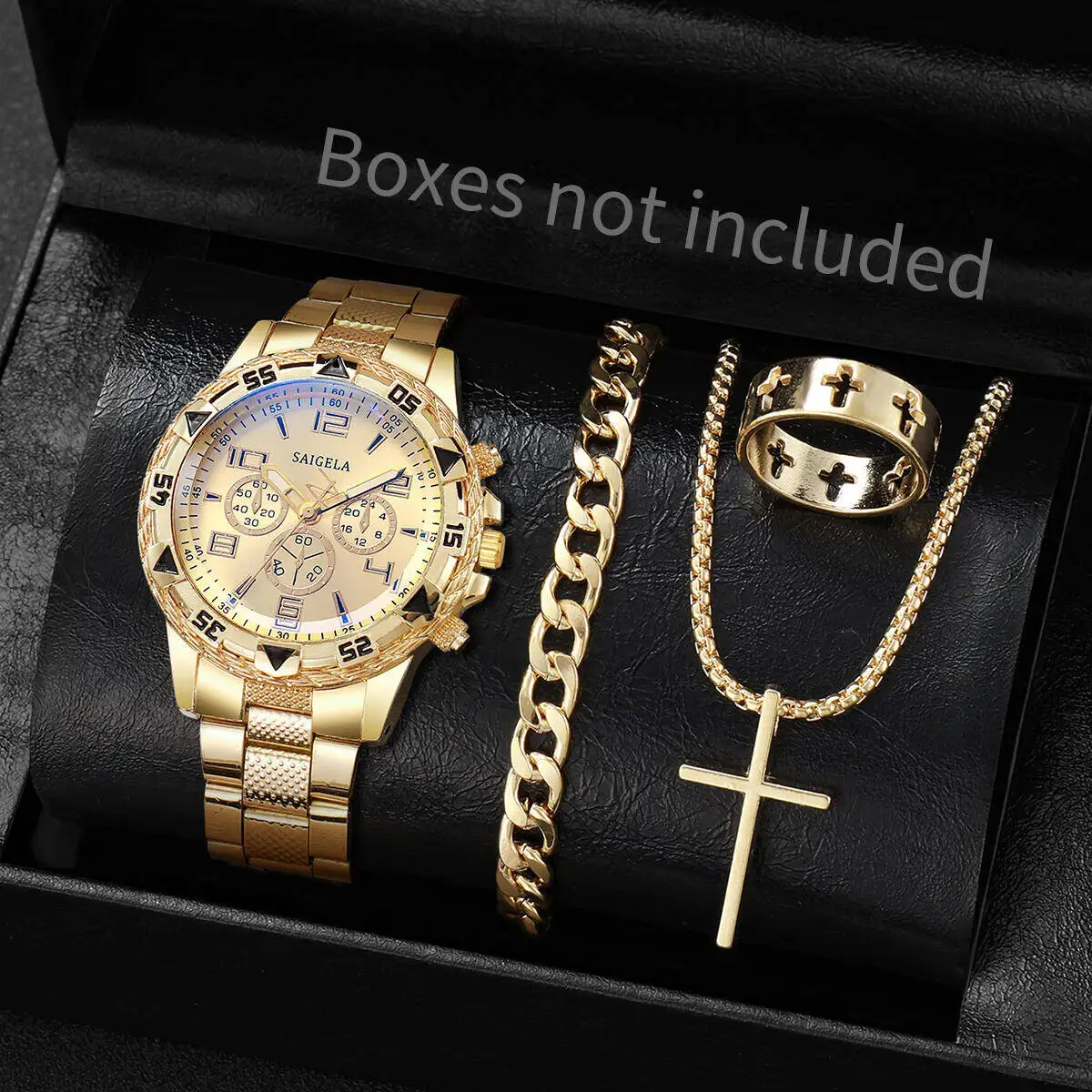 4 قطعة/المجموعة أزياء رجالي الفولاذ المقاوم للصدأ الساعات الفاخرة كوارتز ساعة اليد طقم مجوهرات Reloj Hombre (الصندوق غير المدرجة)