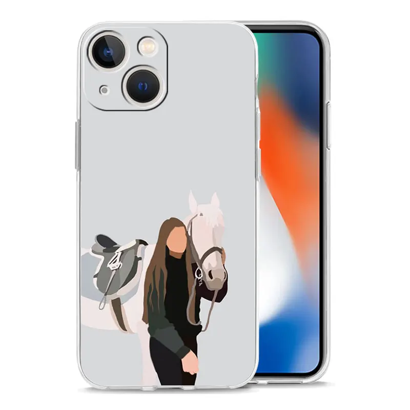 Animal Galloping Horse Girl Drawing Luxury Phone Case For iPhone 15 16 14 13 12 11 Pro Max XS X XR SE 7 8 Plus Clear Cover