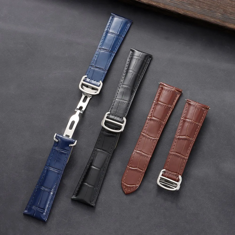 New Crocodile-patterned Watch Strap 18mm 20mm 22mm Genuine Leather Folding Buckle Watch Band for Omega for Cartier Tank Solo