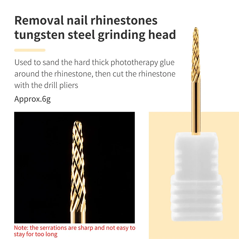 5-in-1-Wolframkarbid-Nagelbohrer, Fräser zum Entfernen von Nagellack, UV-Gel, konisch, Sicherheits-Endschnitt, Maniküre-Werkzeuge, golden – Detail 12