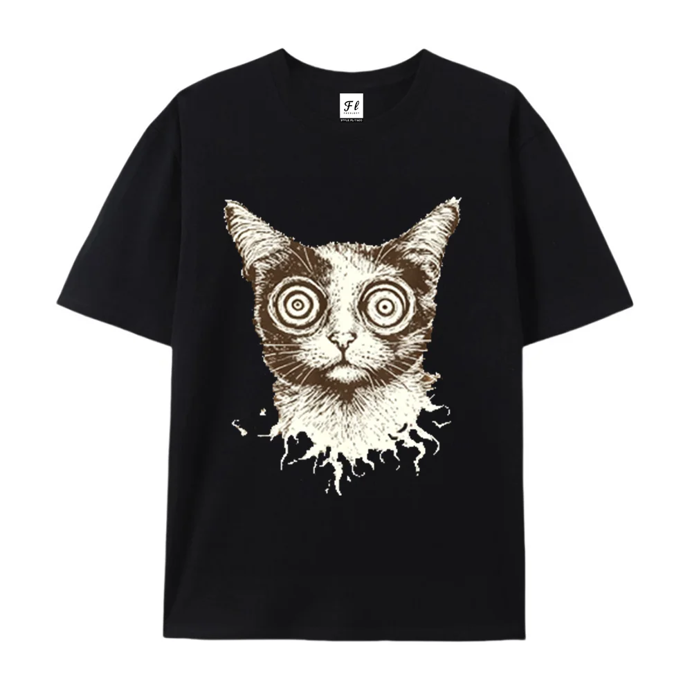 Trippy Cat Weird Kitten Print in Goth Gothic Grunge Style Shirt Fashion Funny Cat Graphic Whimsical Cotton Casual Trendy Tee