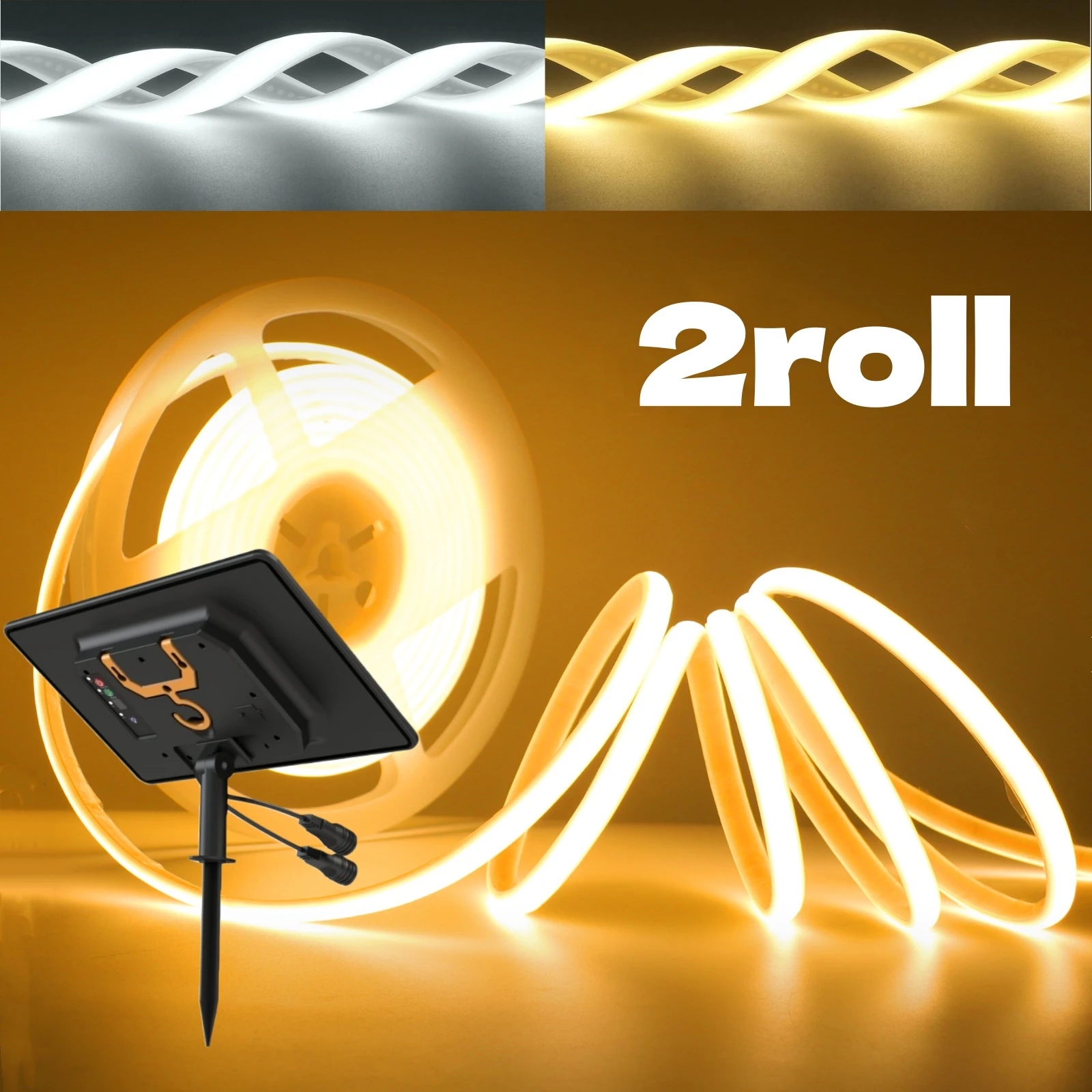 DC 24V COB Solar Neon Strip LED Lights with Remote Control IP67 Flex Double-sided Tape Rope Linear Lighting 3000K 4000K 6000K