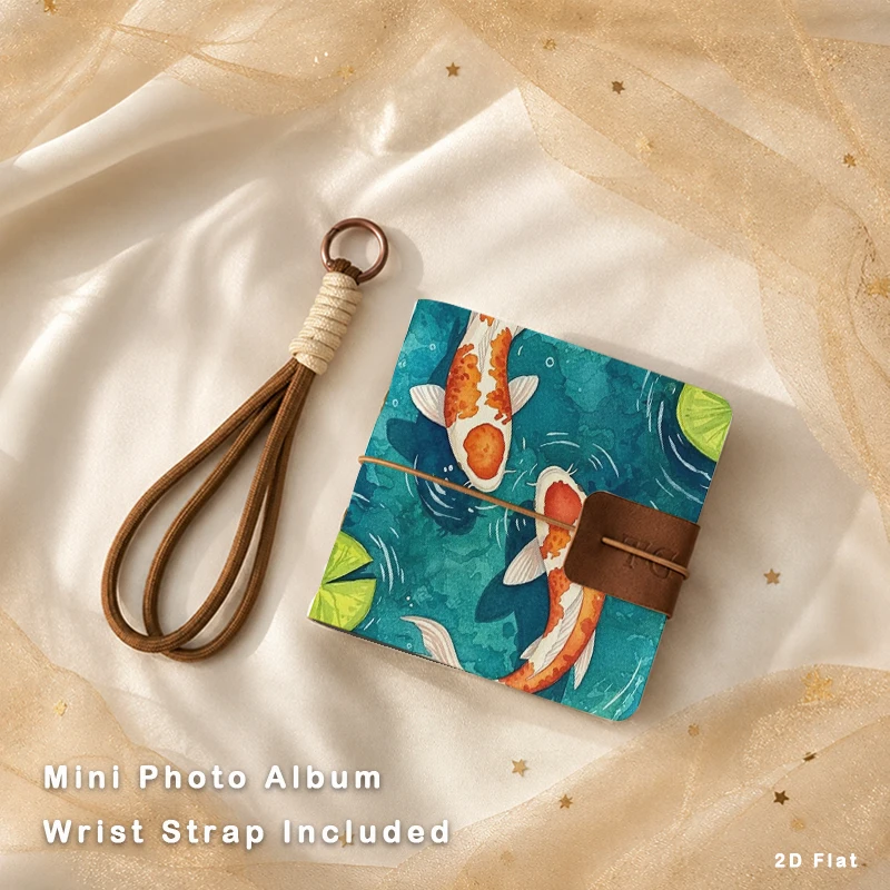 Compact Pocket Square Photo Album for 3 Inch Small Photos, Lucky Koi Carp Lotus Pond Pattern Mini Storage Book with Hand Carry W