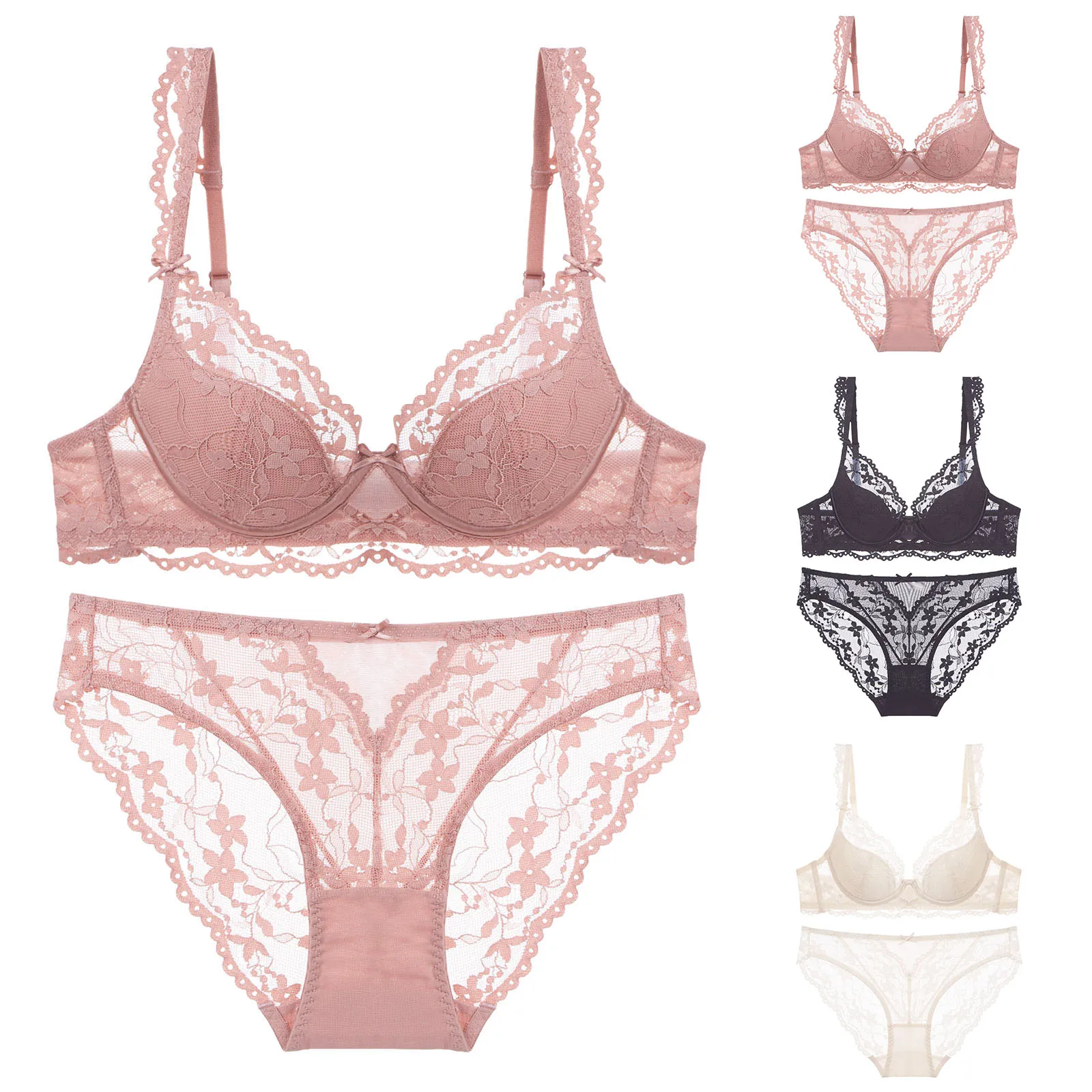 

Ультратонкий кружевной комплект белья для женщин, прозрачный, размеры A, B, C, плюс размеры, бесшовное нижнее белье, французский стиль, однотонный комплект белья.