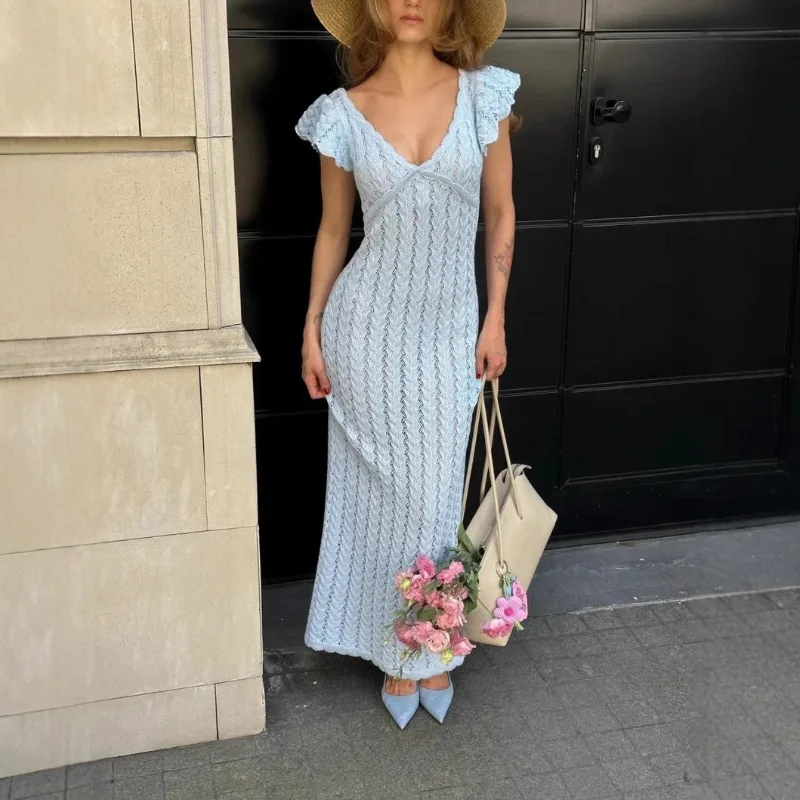 

V-neck Knit Pure Desire Long Skirt French Backless Flounce Dress