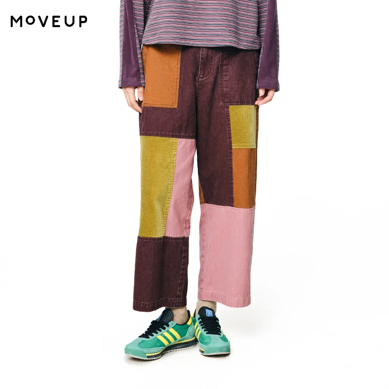 MOVEUP Casual Straight Leg Pants Autumn Elastic Waist Zipper Color Block Splicing Retro Personalized Pants For Women 3EWQ20101