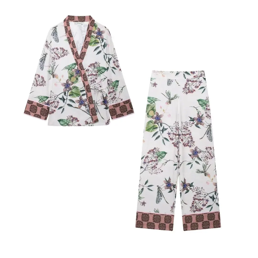 Kimono holgado con estampado floral para mujer, camisa de manga larga, abrigo retro con cuello en V y cordones, top elegante, novedad de 2024