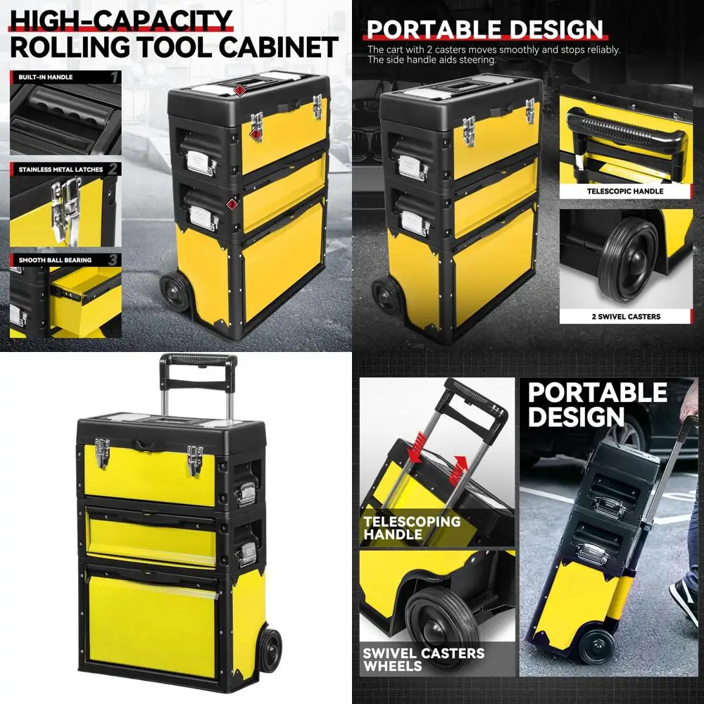 

Трехуровневый передвижной ящик для инструментов на колесах, желтый, для хранения в гараже или мастерской