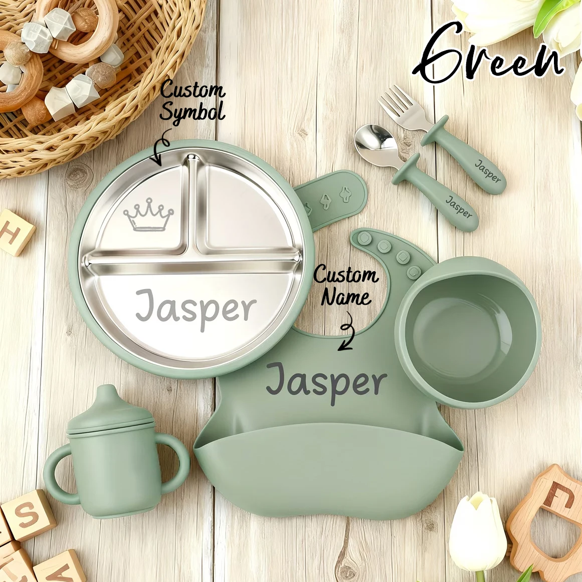 6pcs Personalized Stainless Steel Weaning Set, Custom Name&Symbol Cartoon Feeding Set for Toddler Kids, Baby Gifts