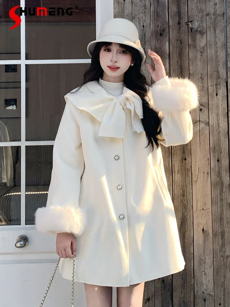 

French Temperament Socialite Lapel Bow Plush Long Sleeve Single Breasted Straight Loose Long Woolen Coats Jackets Women Winter
