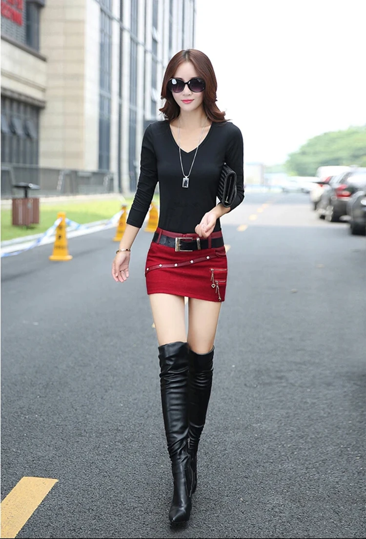 

autumn and winter Fashion sexy Tight Stitching PU mini skirt for girls female women