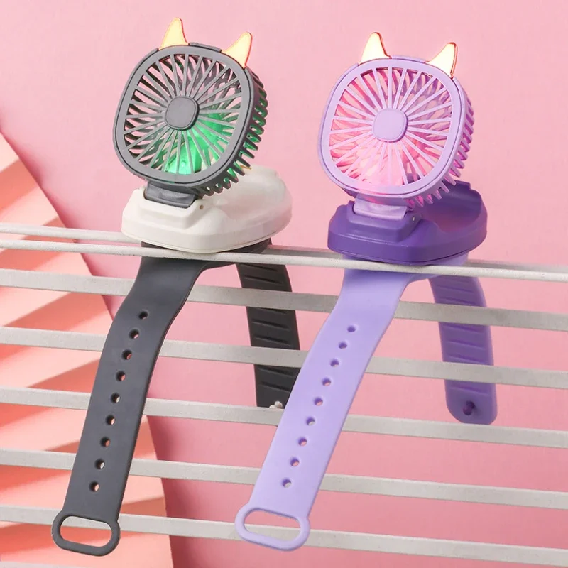 Portable Wrist Strap Mini Watch Hand Held Fan USB Charging Small Rechargeable Fans With Colorful LED Lights Cartton Cat Design