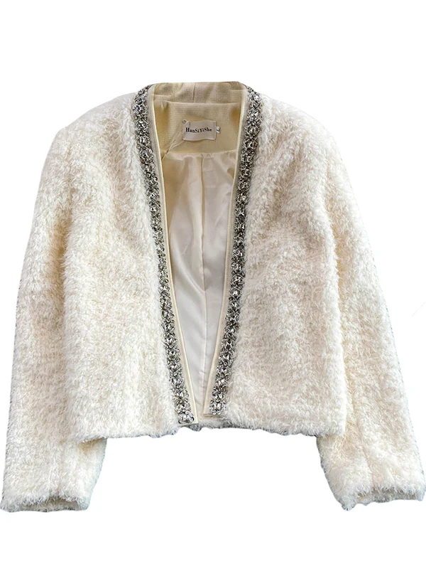 Chaqueta E con Cuello en V y Adornos de Diamantes, para Mujer, Talla ande, Estilo Francés, Hoada, de Manga Larga, ...