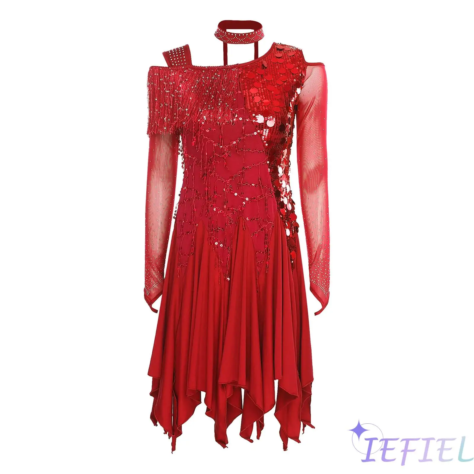 

Womens Lyrical Modern Contemporary Dance Dress Dancewear Choker Sequin Tassel Asymmetrical Shoulder Dresses Rumba Latin Costume