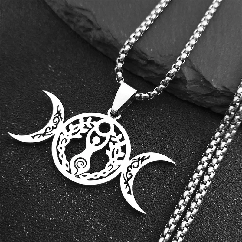 

Witch Triple Moon Goddess Luna Necklace for Women Men Stainless Steel Silver Color Amulet Hecate Chain Jewelry collier N9736S02