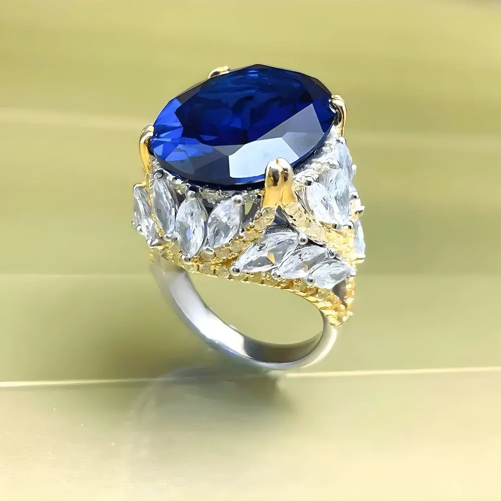 

Retro Heavy Industry 925 Silver Luxury Artificial Ruby Ring Blue Sharp Crystal Red Jadeite Women's Ring